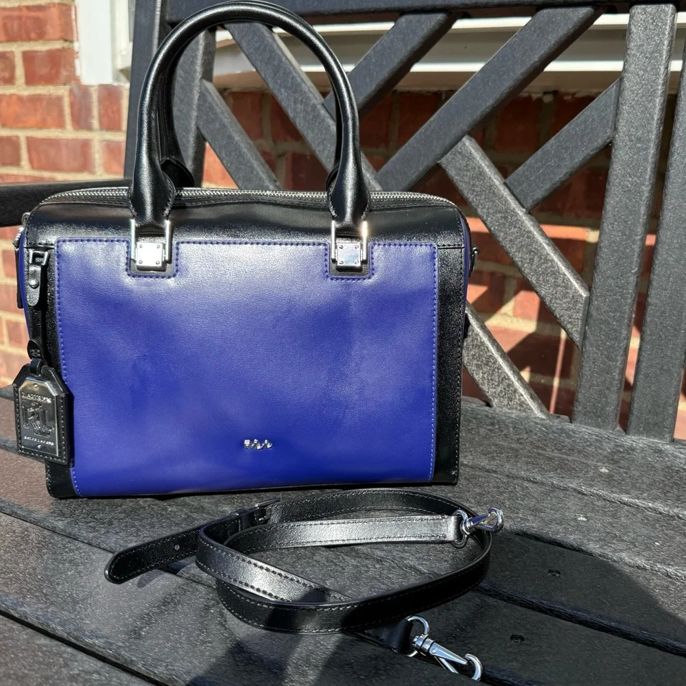 Ralph Lauren Blue and Black Leather Satchel with Silver Hardware - Picture 2 of 10